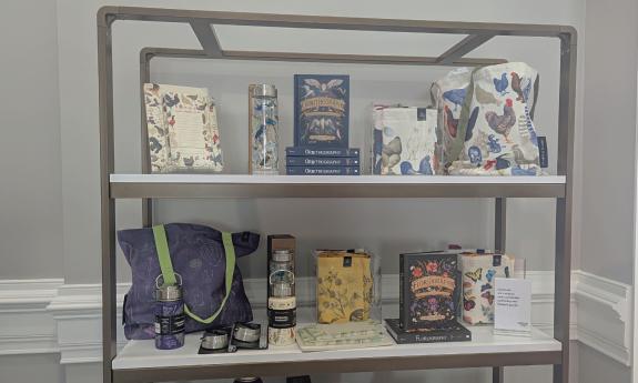 Colorful travel bags and travel cups on shelves with journals and books