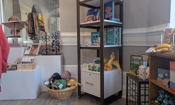 A store display of sunglasses and scarves in one corner and childrens toys in another