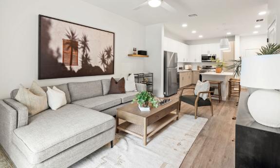 The view from the living room to the kitchen in this apartment