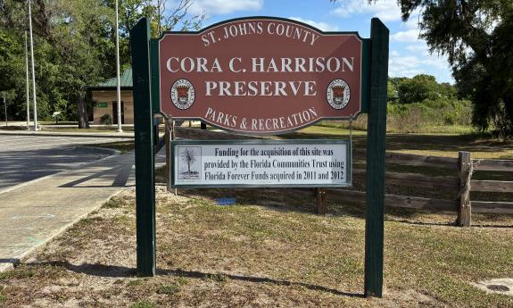 The entrance sign at Cora Harrison Preserve