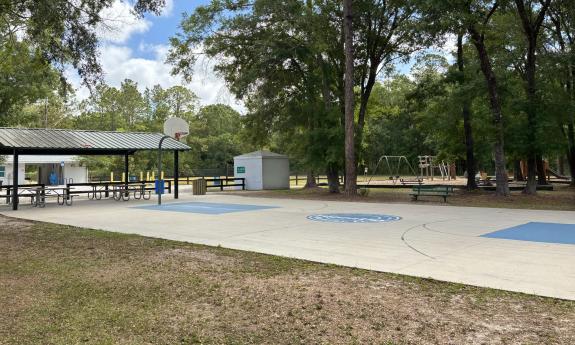 An outdoor basketball court