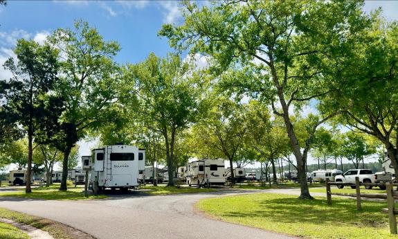 A view of sites with motorhomes at Stagecoach RV Park