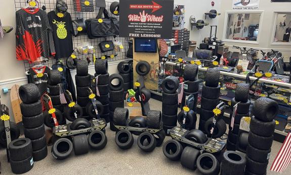 Various tires on display inside the shop
