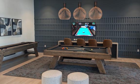 The game room in the community area has a pool table, other games and a television