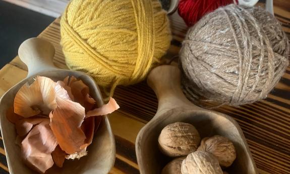 Yarn dyed with onion skins (yellow) and walnut shells (light brown)