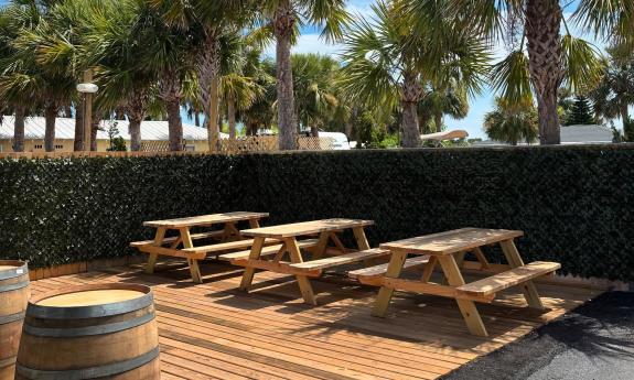 Picnic tables filling the patio seating