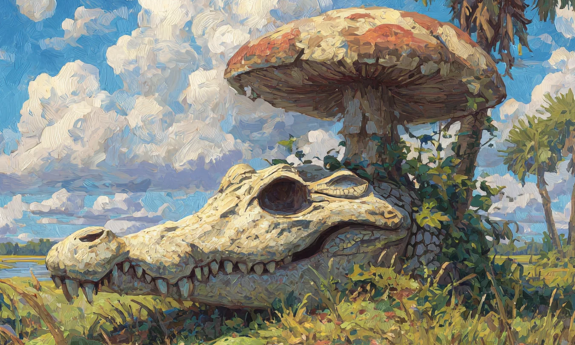 A mushroom rests beside an alligator skull.