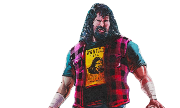 A cartoon-style illustration of legendary wrestler Mick Foley standing against a plain white background.