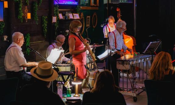 The Florida jazz band, A Swing and A Miss, performing at a club in Jacksonville