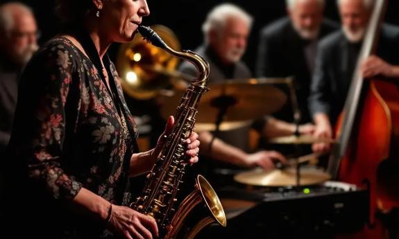 The jazz band A Swing and A Miss, with the saxophone focused in the foreground