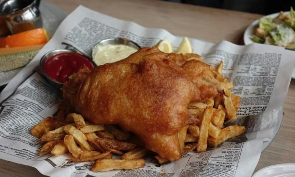 Fish and chips in a tray