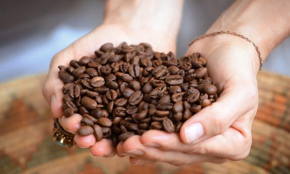A handful of coffee beans