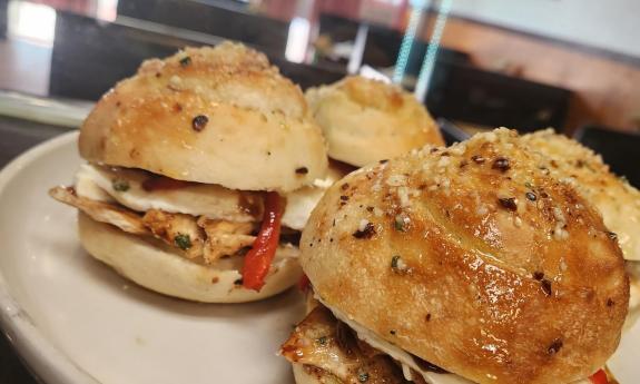 Chicken and mozzerella sandwiches on garlic rolls