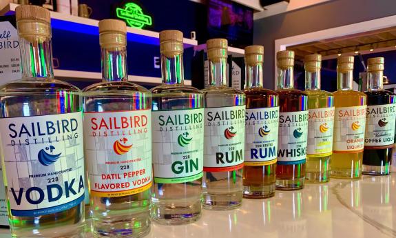 A row of various Sailbird spirit bottles