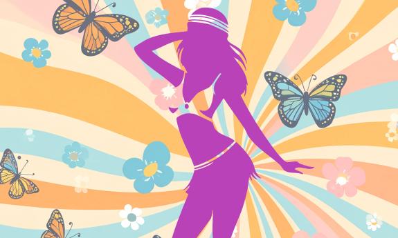 1970s-styled art with bright colors, a woman, and butterflies