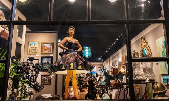 A sculpture seen from the outside window