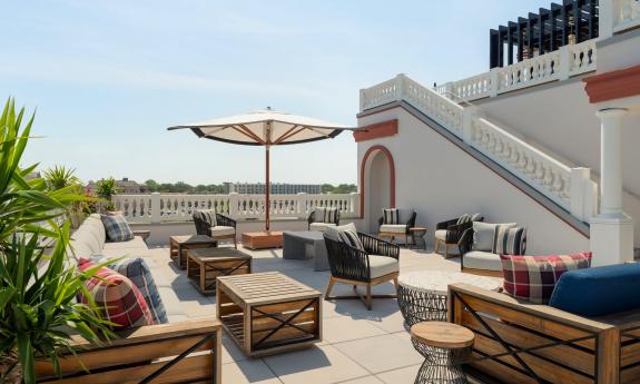 The rooftop patio overlooking the water and downtown