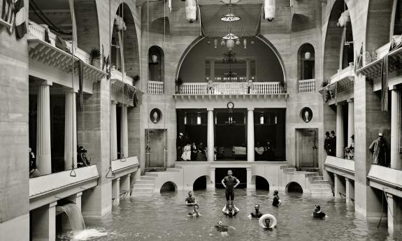 A historic photo of the pool in use at the Lightner Museum