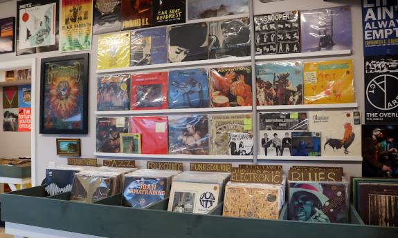 A collection of records on display