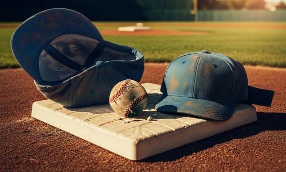 A base on a ball field with a men's and a boy's cap, and a baseball