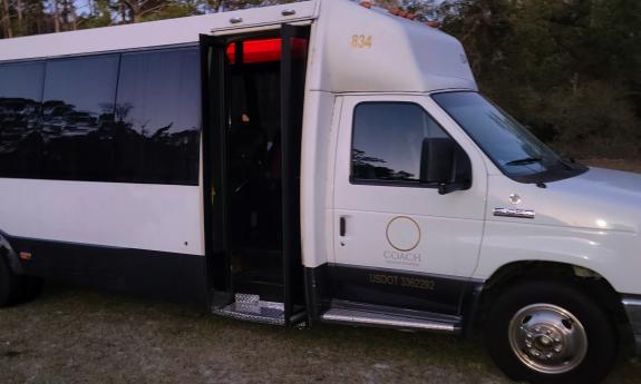 The exterior of the shuttle bus