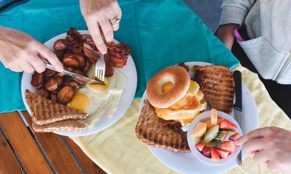 An overhead view of two breakfasts served at Beachside Diner