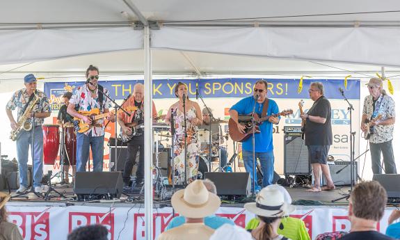 The March 2026 version of Jim Stafford's All-Star Band on stage at the Lions Seafood Festival