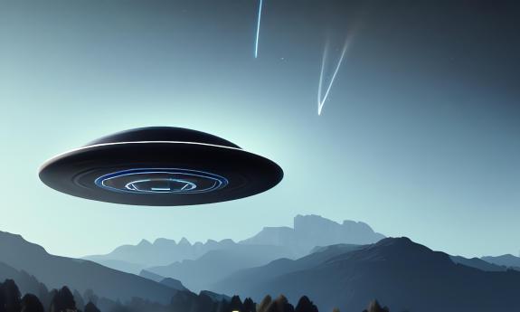 An image in shades of blue, of a flying saucer over mountains