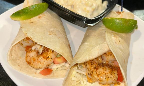 Shrimp wraps at the Oasis on Crescent Beach