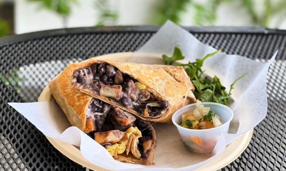 A black bean and cheese burrito from Odd Birds Cafe