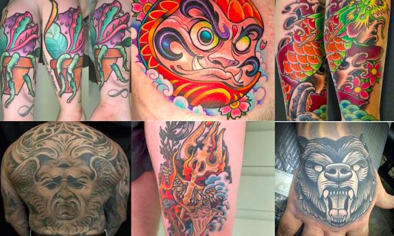 A panel showing six examples of tattoo art