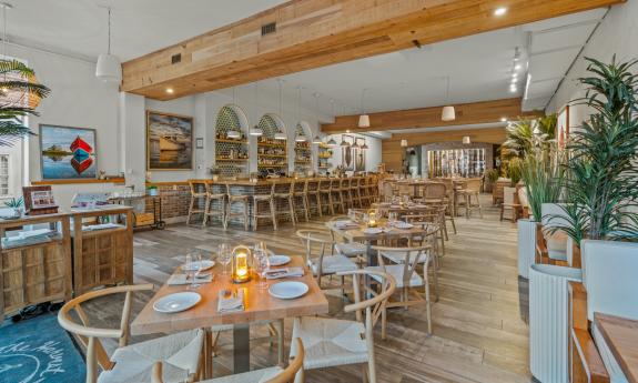 The indoor dining and bar space