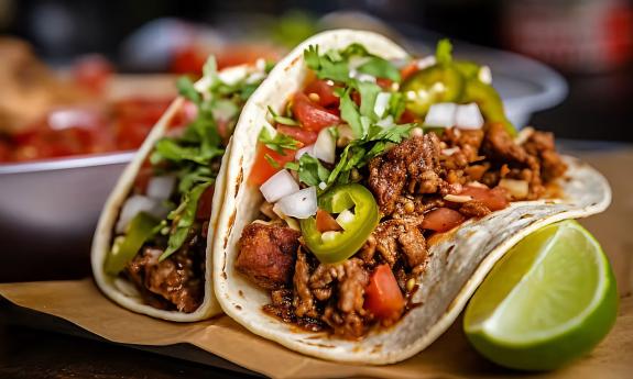 Tacos placed on a board with various toppings