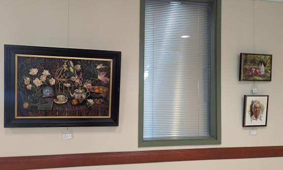 Three oil paintings by Koo Hon, Timeless Beauty, Uncle, and Relaxation Under the Sun