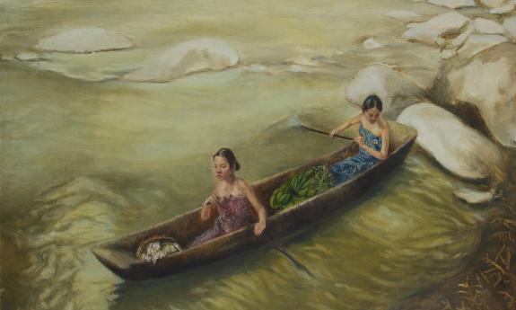 A detailed section of an oil painting by Koo Hon, Two Iban Girls