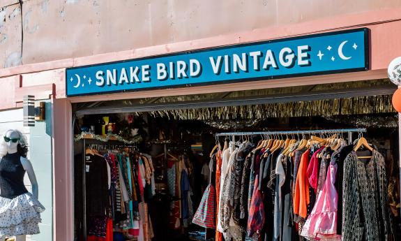 The door to Snake Bird Vintage, open on a beautiful day