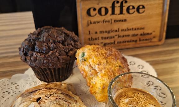 Baked goods and a special coffee drink at Hastings Coffee Co