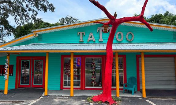 The exterior of the tattoo parlor