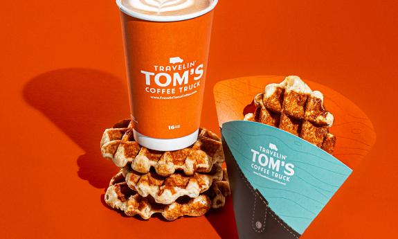 Belgian waffles and a hot coffee to-go cup