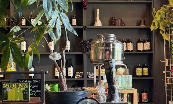 Products lining the shelves inside the shop