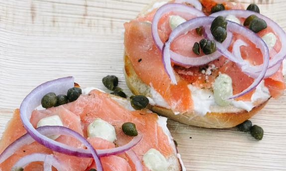 Bagels with salmon, cream cheese, onion, and capers