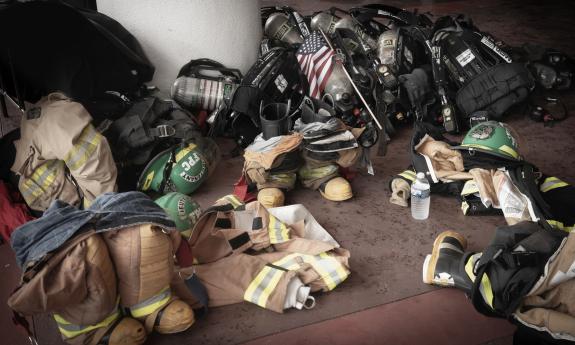 Firefighther gear piled up after the memorial climb in 2025
