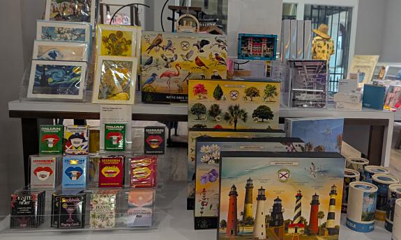 A display of puzzles and other gifts from the Lightner Museum Store