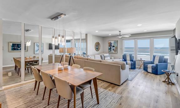A modern living room and dining space