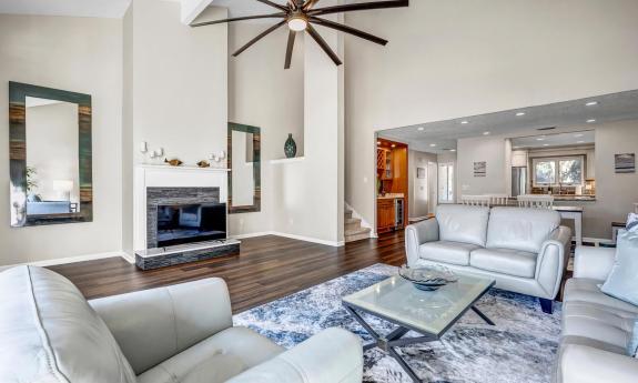 A living room with an added fire place