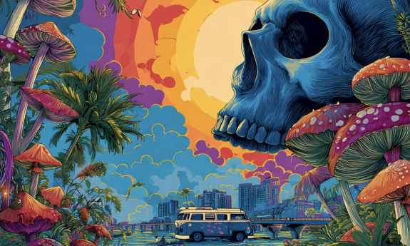 A vibrant, psychedelic design featuring a striking skull set against a mystical landscape of enchanting mushrooms creates a bold and mesmerizing visual for fans.