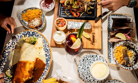 An overview of food served to a table at Pepper's St. Augustine