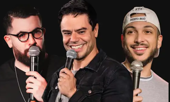 Comedians Hombre Promedio, Francisco Ramos, and Kel Perez perform on stage.