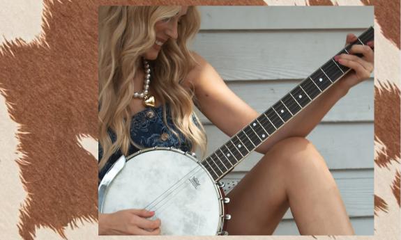 Hallie Pecnik playing banjo, within a cowhide frame