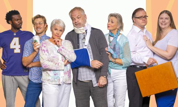 The seven cast members of A Classic Theatre's production of "Grand Horizons" in character
